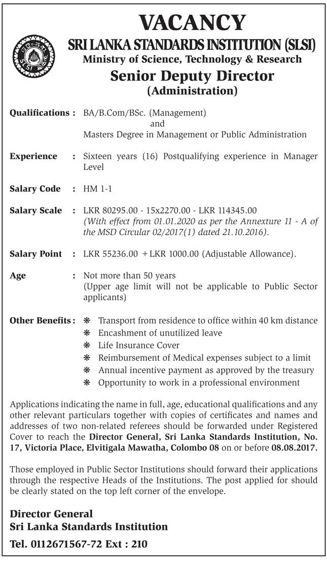 Senior Deputy Director (Administration) - Sri Lanka Standards Institution 